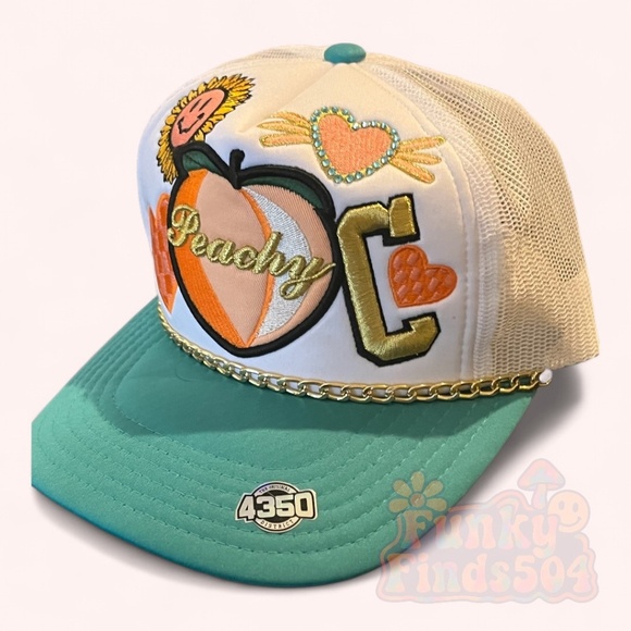 NWT Peachy C Turquoise White Trucker Hat Embroidered Patch Retro Festival Y2K - Picture 3 of 8